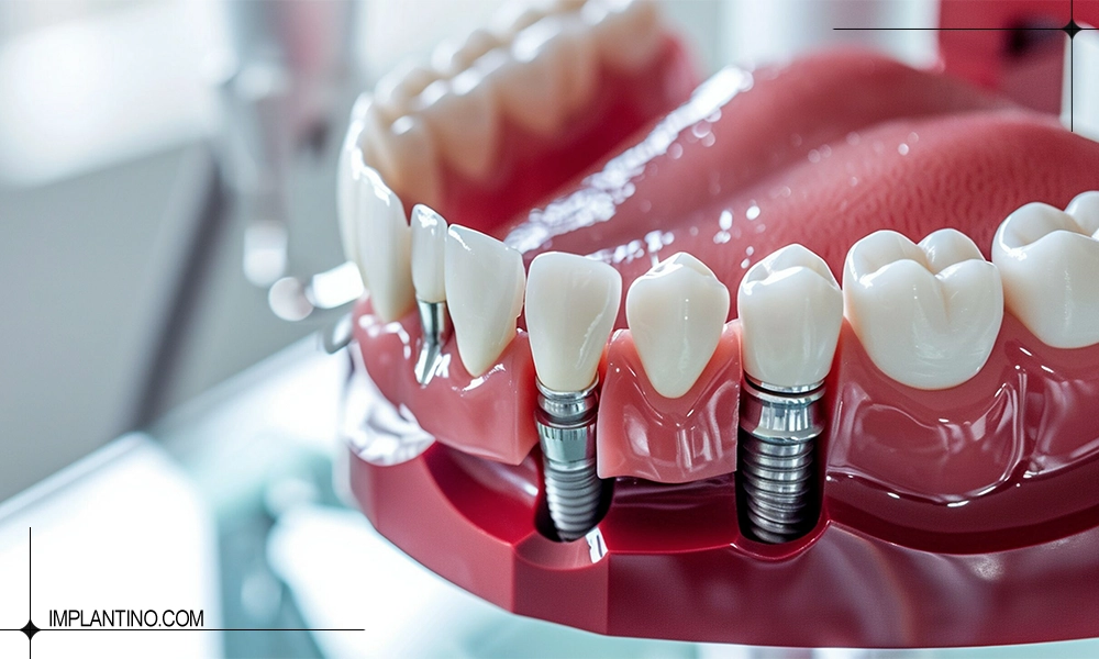 دوره نقاهت ایمپلنت را چگونه سپری کنیم؟ 2 عکس ماکت فک پایین و ایمپلنت های روی آن در دوره نقاهت ایمپلنت